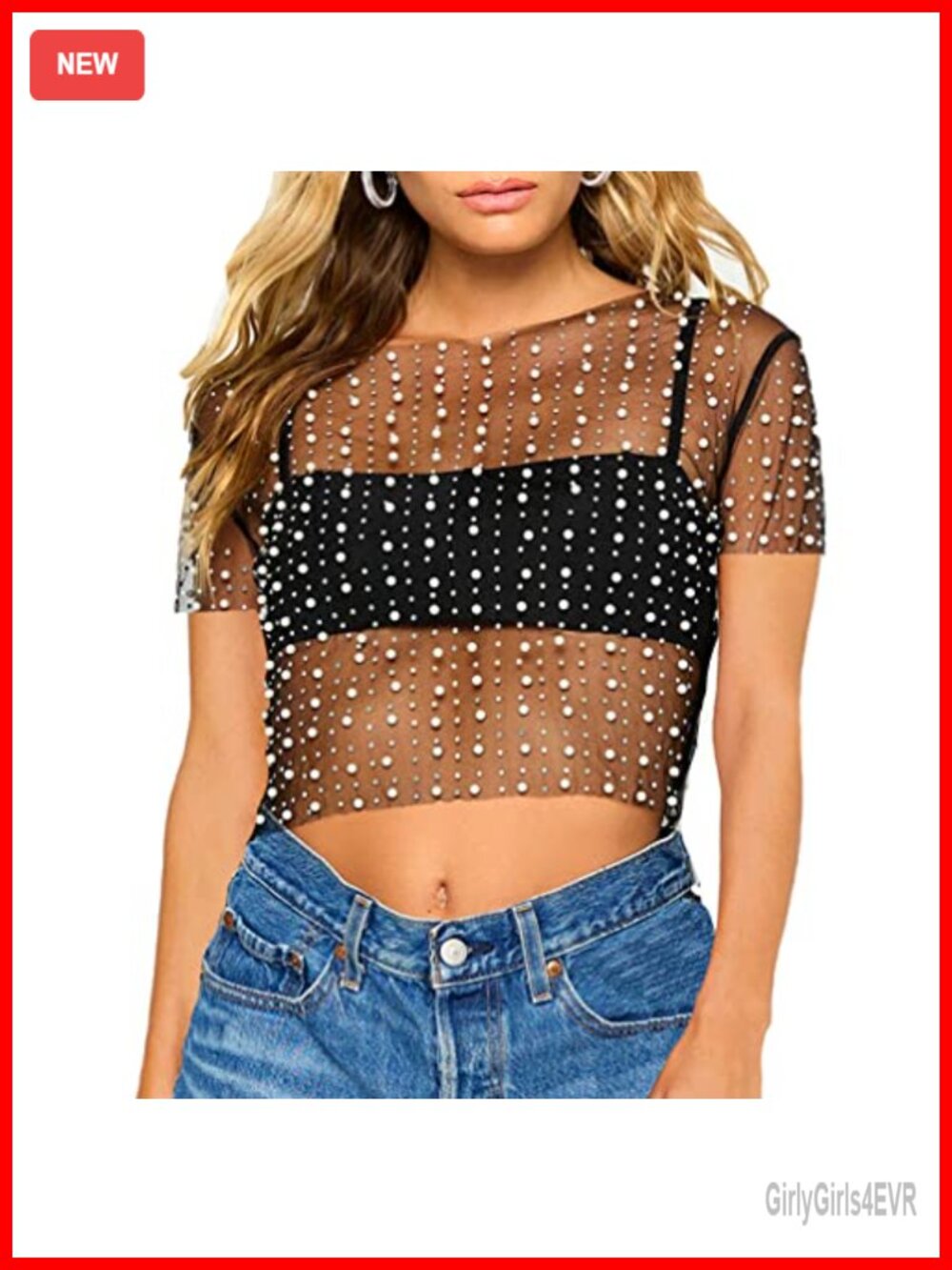 Women Sheer Mesh Crop Tee Pearl Rhinestone Short Sleeve Slim Fit Club Top